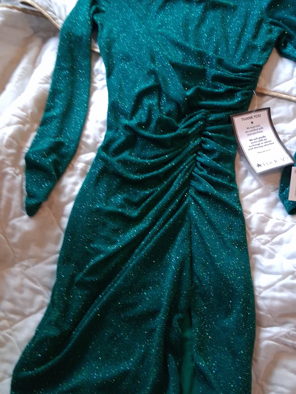 Betsy & Adam Teal Green Sparkle Ruched Long-Sleeve Midi Dress